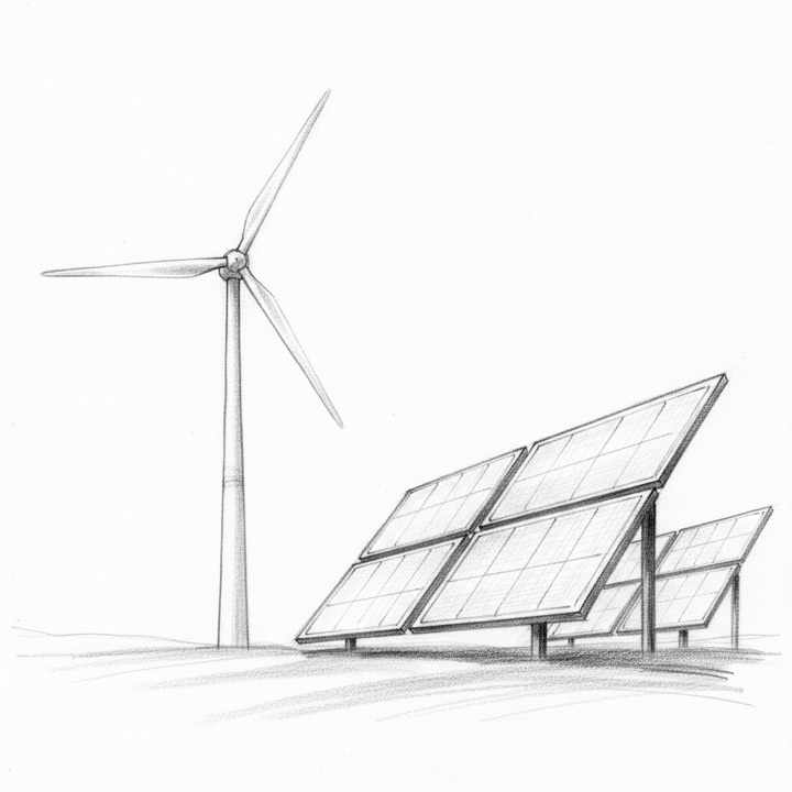Rysunek węglem - turbina wiatrowa i panel słoneczny
